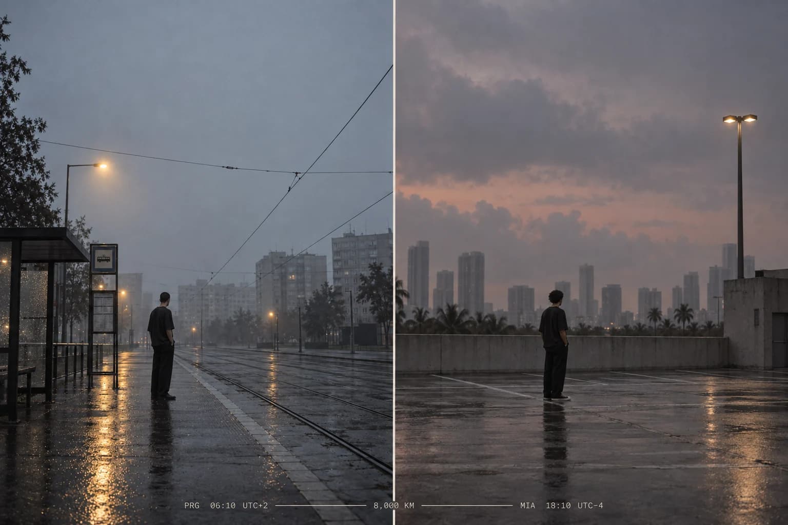 Prague 06:10 and Miami 18:10 — same frame, two cities