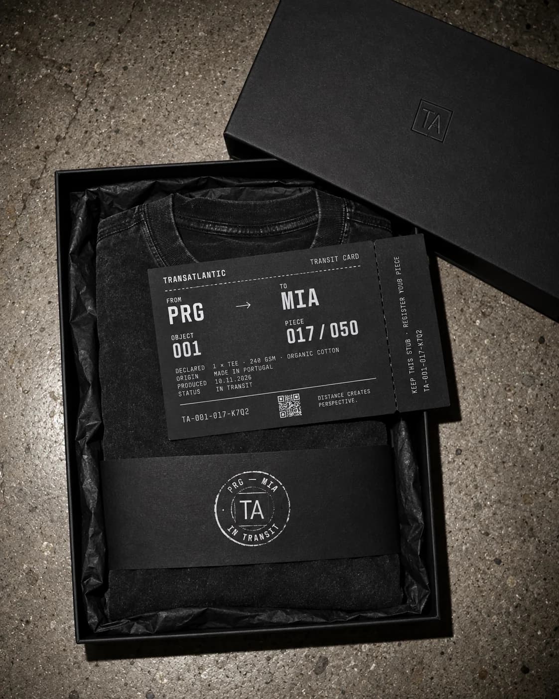Open box: tissue, stamped band, transit card